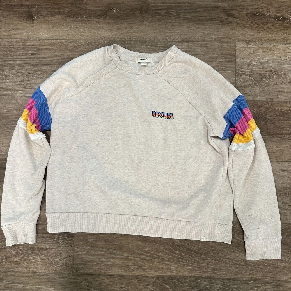 Rip Curl Surf Revival Rainbow Stripe Sleeve Distressed Crewneck Sweatshirt Small